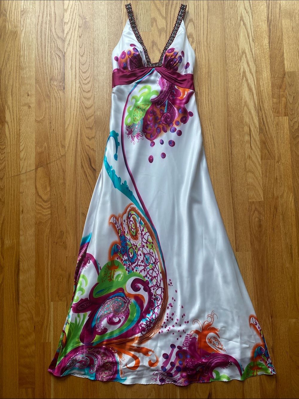 La Femme White Satin Maxi Dress with Magenta Empire Band and Multicolor Paisley